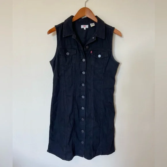LEVI'S “Aubrey” Black Denim Sleeveless Button Front Short Dress Women’s Size M - Picture 3 of 12